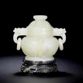 CHINESE QING DYNASTY HETIAN WHITE JADE DOUBLE-RING EAR COVER STOVE