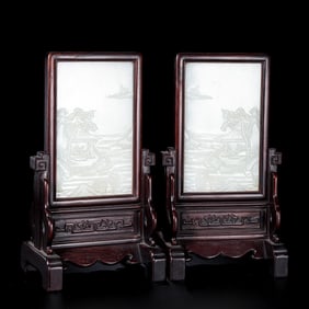 A PAIR OF CHINESE QING DYNASTY ROSEWOOD AND HETIAN WHITE JADE SCREENS