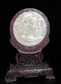 PAIR OF CHINESE QING DYNASTY ROSEWOOD INLAID HETIAN WHITE JADE SCREENS