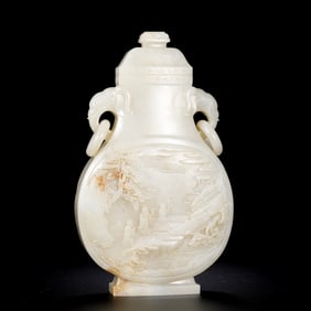 CHINESE QING DYNASTY HETIAN WHITE JADE VASE WITH DOUBLE-RING EAR LID