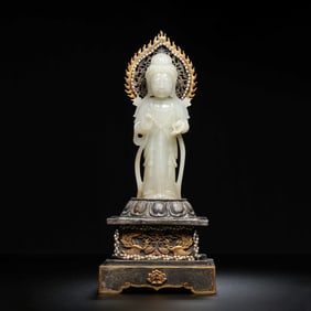 CHINESE QING DYNASTY HOTAN WHITE JADE STANDING GUANYIN