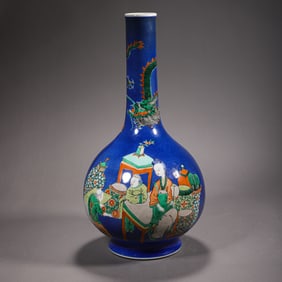 CLEAR,LONG-NECKED VASE WITH YELLOW-GREEN GLAZE AND FIGURES AND STORIES