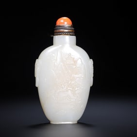 QING DYNASTY, HETIAN WHITE JADE SNUFF BOTTLE WITH CARVED LANDSCAPE PATTERN