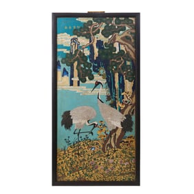 QING DYNASTY. A CLOISONNé HANGING SCREEN WITH A DOUBLE CRANE DESIGN