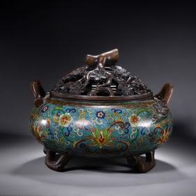 QING DYNASTY, A CLOISONNé ENAMEL DOUBLE-CORD THREE-LEGGED INCENSE BURNER