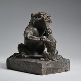 7-10CENTURY, TANG DYNASTY BLUESTONE SEATED LION AND CHILD