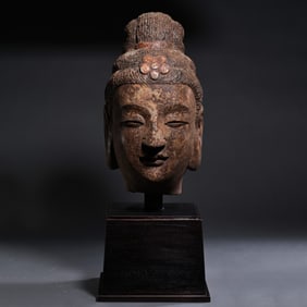 BEFORE THE MING DYNASTY, STONE PAINTED BUDDHA HEAD