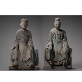 7-10CENTURY, TANG DYNASTY STONE PAINTED FIGURE SEATED