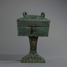 BEFORE THE MING DYNASTY, A SQUARE INCENSE BURNER WITH GOLD AND SILVER INLAY FROM THE WARRING STATES
