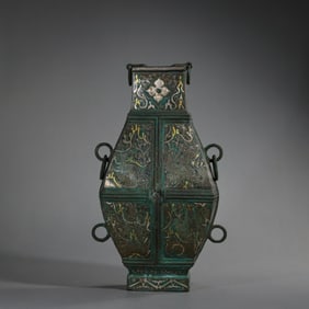 BEFORE THE MING DYNASTY, A SQUARE VASE WITH INLAID GOLD AND SILVER EARRINGS FROM THE WARRING STATES