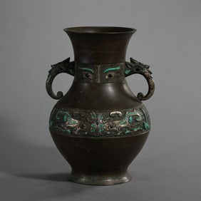BEFORE THE MING DYNASTY, A TWO-HANDLED VASE INLAID WITH GOLD, SILVER AND TURQUOISE FROM THE WARRING