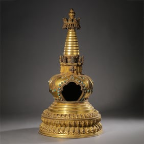MING DYNASTY. A GILT-BRONZE PAGODA WITH TURQUOISE INLAY