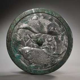 7-10CENTURY, TANG DYNASTY BRONZE MIRROR WITH DOUBLE FISH PATTERN
