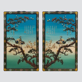 QING DYNASTY A PAIR OF CLOISONNé HANGING SCREENS WITH A DOUBLE CRANE DESIGN