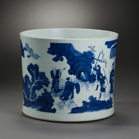 QING DYNASTY, A BLUE AND WHITE BRUSH HOLDER WITH A STORY PATTERN