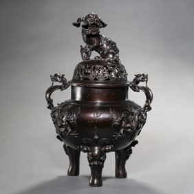A BRONZE THREE-LEGGED INCENSE BURNER WITH TWO HANDLES, XUANDE PERIOD, MING DYNASTY