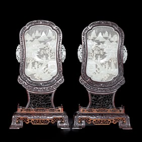 QING DYNASTY A PAIR OF ROSEWOOD SCREENS INLAID WITH NETUNA JADE