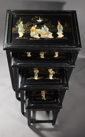 QING DYNASTY, A SET OF LAQUER AND GILT-INLAID STOOLS