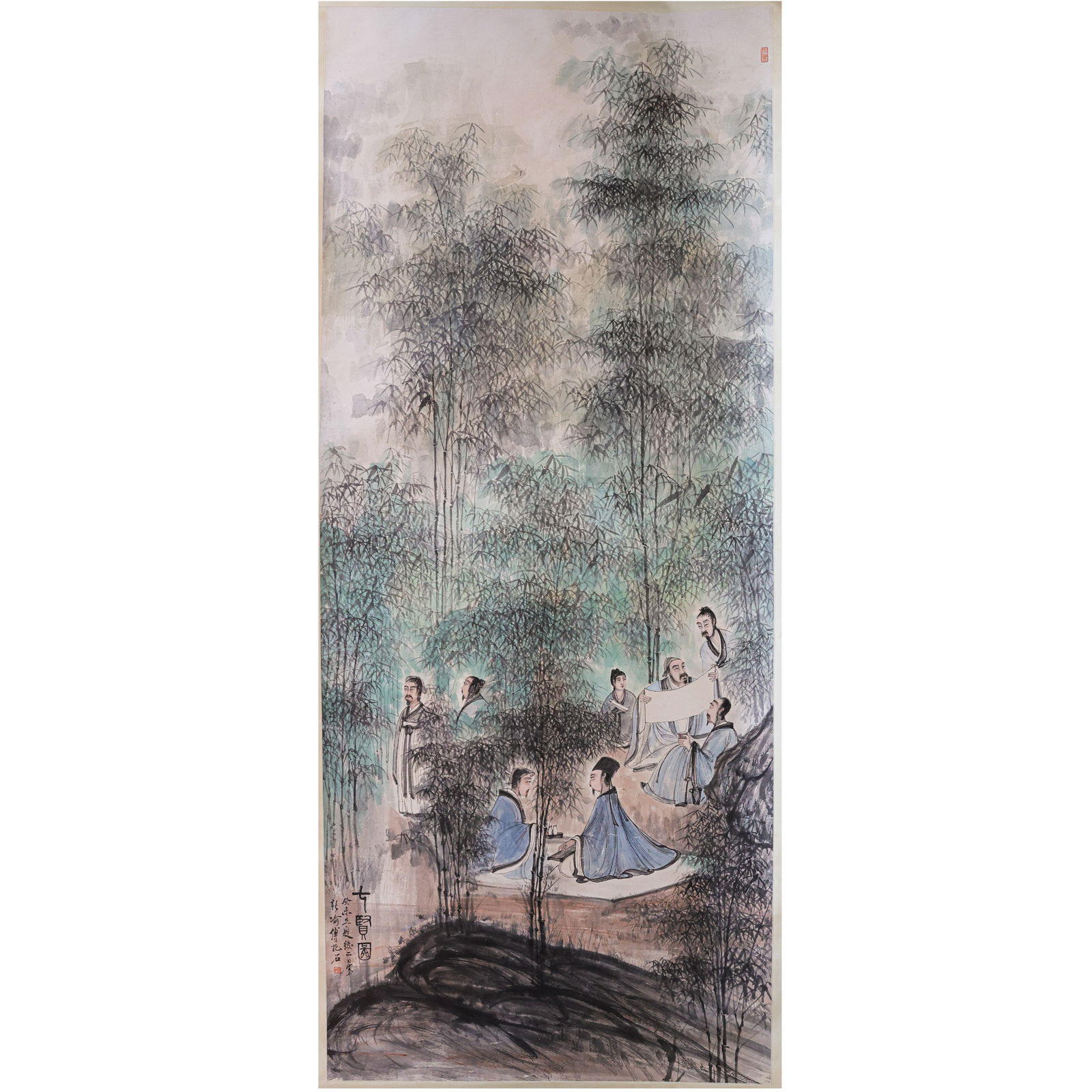 "SEVEN SAGES" BY FU BAOSHI (1904-1965?: L. 343 cm. W. 142 cm.