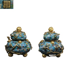 A pair of Chinese cloisonné enamel three-legged censers from the Qianlong period of the Qing