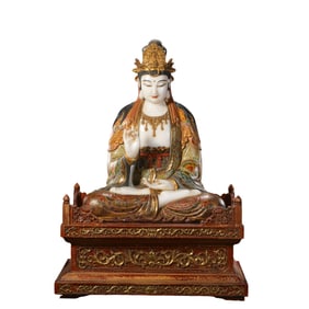 Chinese Qing Dynasty White Marble Painted and Gilded Seated Guanyin
