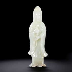 Chinese Qing Dynasty Hotan White Jade Standing Guanyin