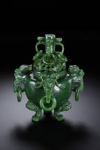 Chinese Qing Dynasty Hetian Jasper Ring Ears Three-legged Covered Censer: H. 13.5 cm. W. 11 cm. Weight. 390 gram.