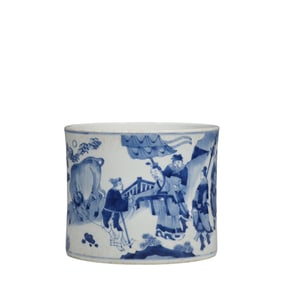 Chinese Qing Dynasty Blue and White Character Story Brush Holder
