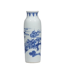 Chinese Qing Dynasty Blue and White Figure Story Pattern Elephant Leg Vase