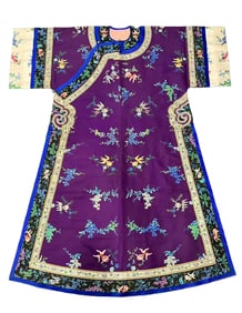 Purple satin embroidered goldfish and wisteria cloak from the Qing Dynasty, China