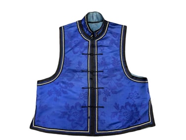 Chinese Qing Dynasty Blue Satin Waistcoat with Hidden Flower Border