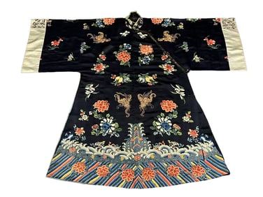 Chinese Qing Dynasty women's robe with seawater peony and butterfly pattern on azure satin