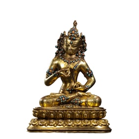 A Chinese Qing Dynasty Gilt Bronze Seated Buddha Figure Inlaid with Gems