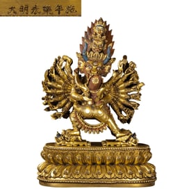 A Chinese gilt-bronze statue of Yamantaka standing in the Yongle period of the Ming Dynasty