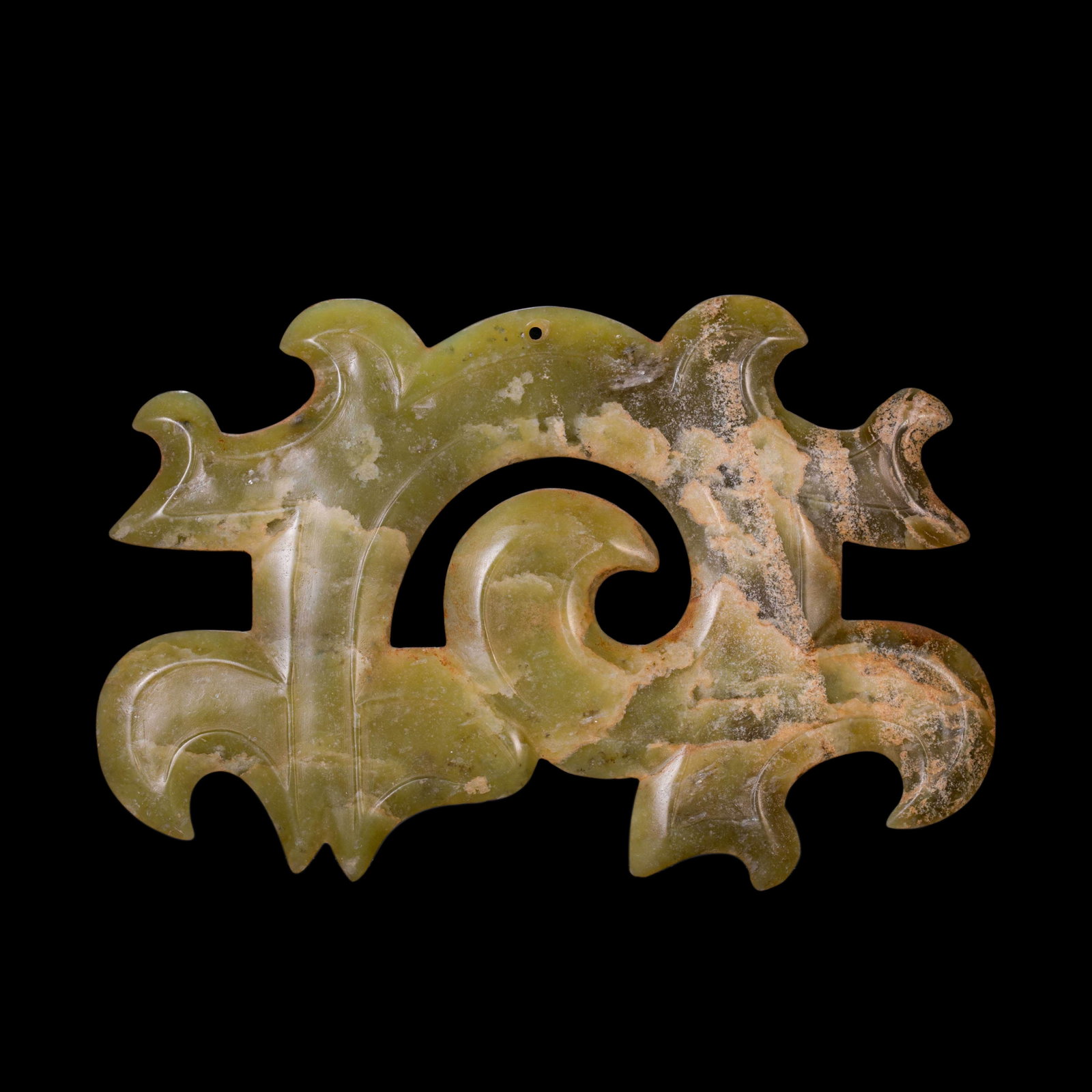 China Hongshan Period Hongshan Culture Gouyun Jade Pendant: H. 11.5 cm. W. 18.3 cm. Weight. 196 gram.