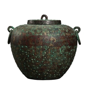 Chinese Warring States Period Gold, Silver and Turquoise Inlaid Double-Handed Lid Jar