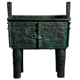 Chinese Shang and Zhou Dynasty bronze square furnace with animal faces