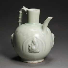 Yaozhou kiln moon white glaze pot with plastic handle, late Tang and Five Dynasties, China
