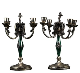 Art Nouveau period (1880-1920) Silver Angel Malachite Candlestick