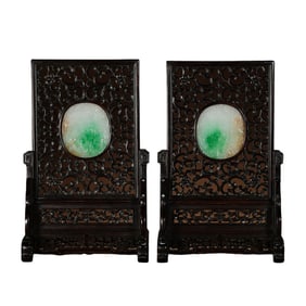 A pair of Chinese Qing dynasty rosewood screens inlaid with jade