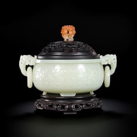 Chinese Qing Dynasty Hotan White Jade Animal Face Pattern Double-Handed Covered Censer