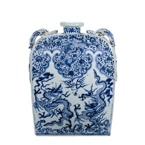 Chinese Yuan Dynasty Blue and White Dragon and Phoenix Pattern Double-Handed Flat Vase