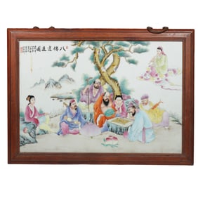 Chinese 20th century pastel-colored porcelain panel painting with figures and stories
