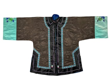 Chinese Qing Dynasty Coffee-colored satin dark pattern women's jacket