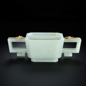 Chinese Liao Dynasty Hetian white jade gold-plated double-handled cup