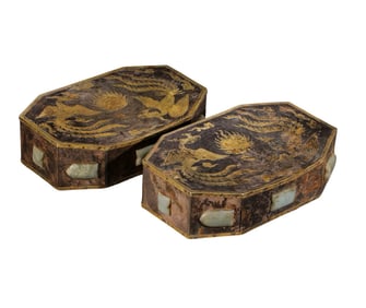 A pair of Chinese Liao Dynasty gilt silver and jade-inlaid double phoenix boxes with lids