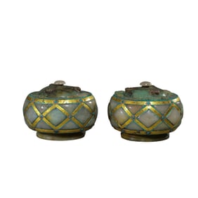 A pair of Chinese Warring States Period gold-inlaid jade-covered jars