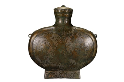 Chinese Warring States Period Gold and Silver Inlaid Flat Pot