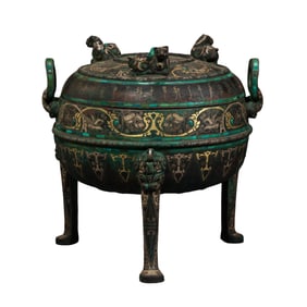 Chinese Warring States Period Gold and Silver Inlaid Tripod Lid Censer with Double Handles
