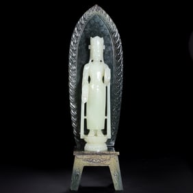 Standing Figure of Guanyin in Hetian White Jade and Inlaid with Hetian Jade, China